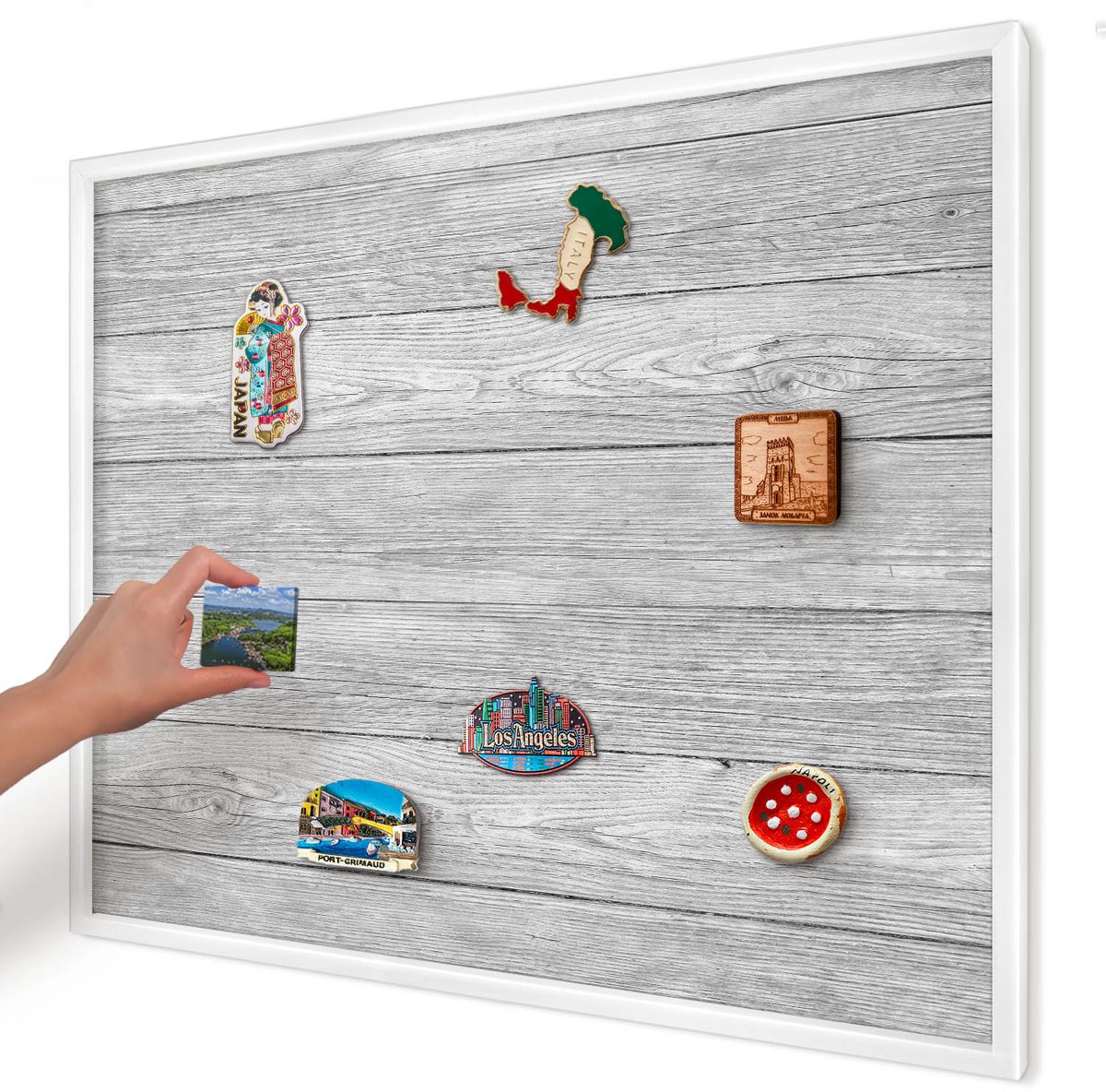 Artprintcave Grijs Magneetbord mit Witte Lijst - 80x60 cm - Houtstructuur Magnetisch Bord - Rustiek Wandbord Magnetisch - Texturen