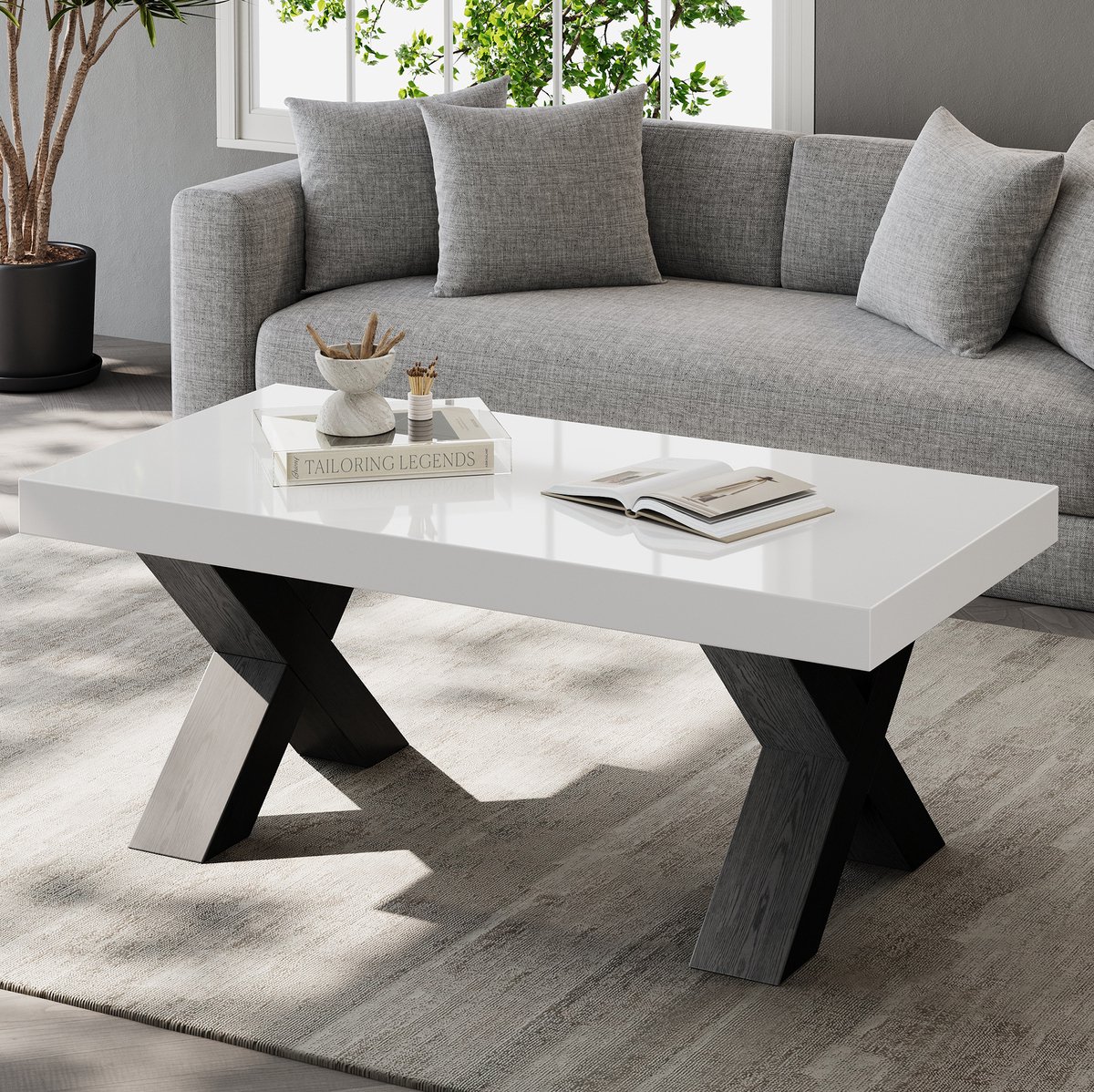 FloraGrace Salontafel - Hoogglans Rechthoekig Design Met X-Poten - Voor Woonkamer Balkon En Slaapkamer - MDF - 100x50x40 Cm - Wit Zwart