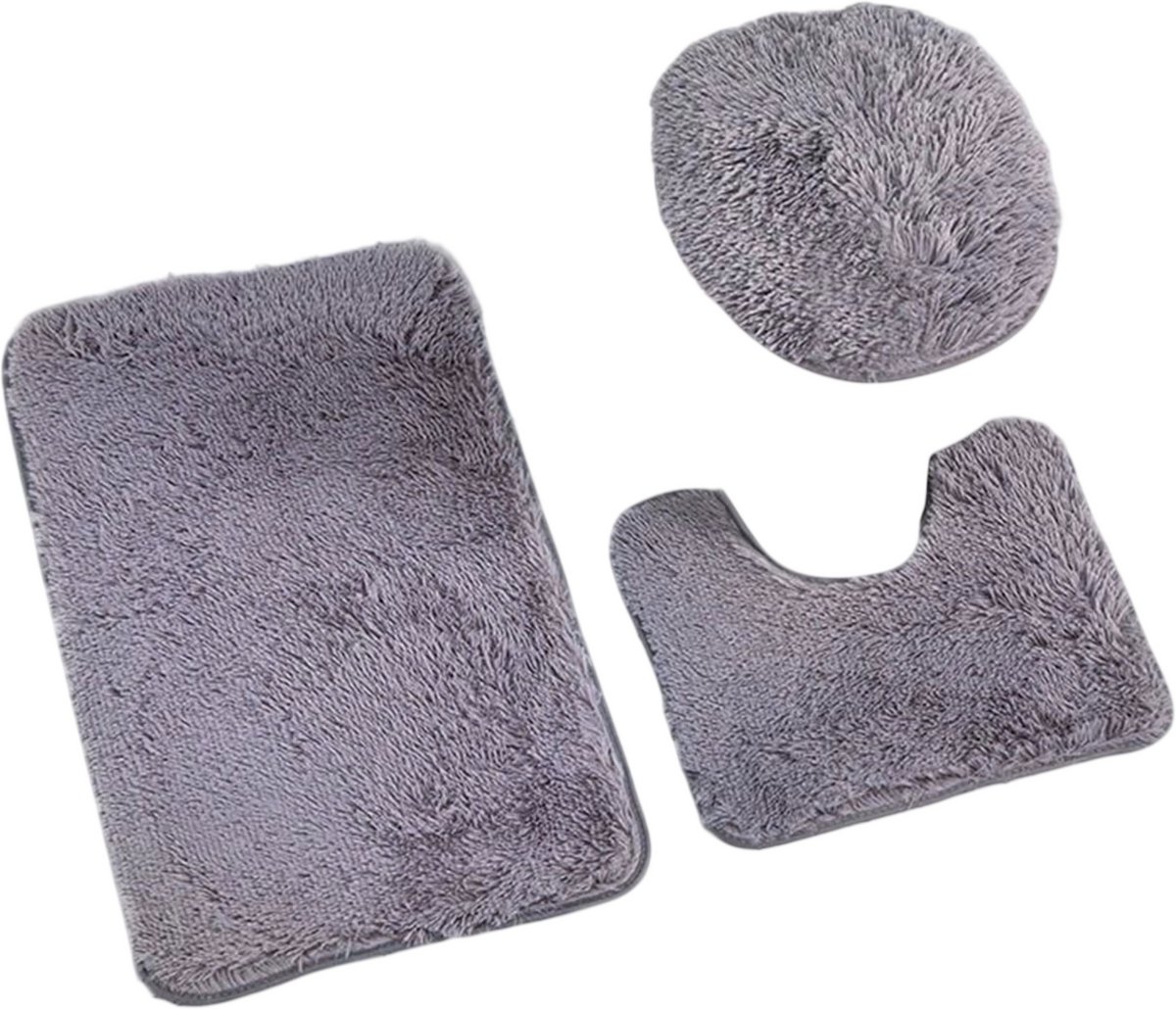 3 Delige Badkamer Mat Set – Antislip Badmatten met Toiletmat, WC Deksel Hoes, Zachte Pluizige Badkamerkleed en Badkamer Tapijt - Grijs