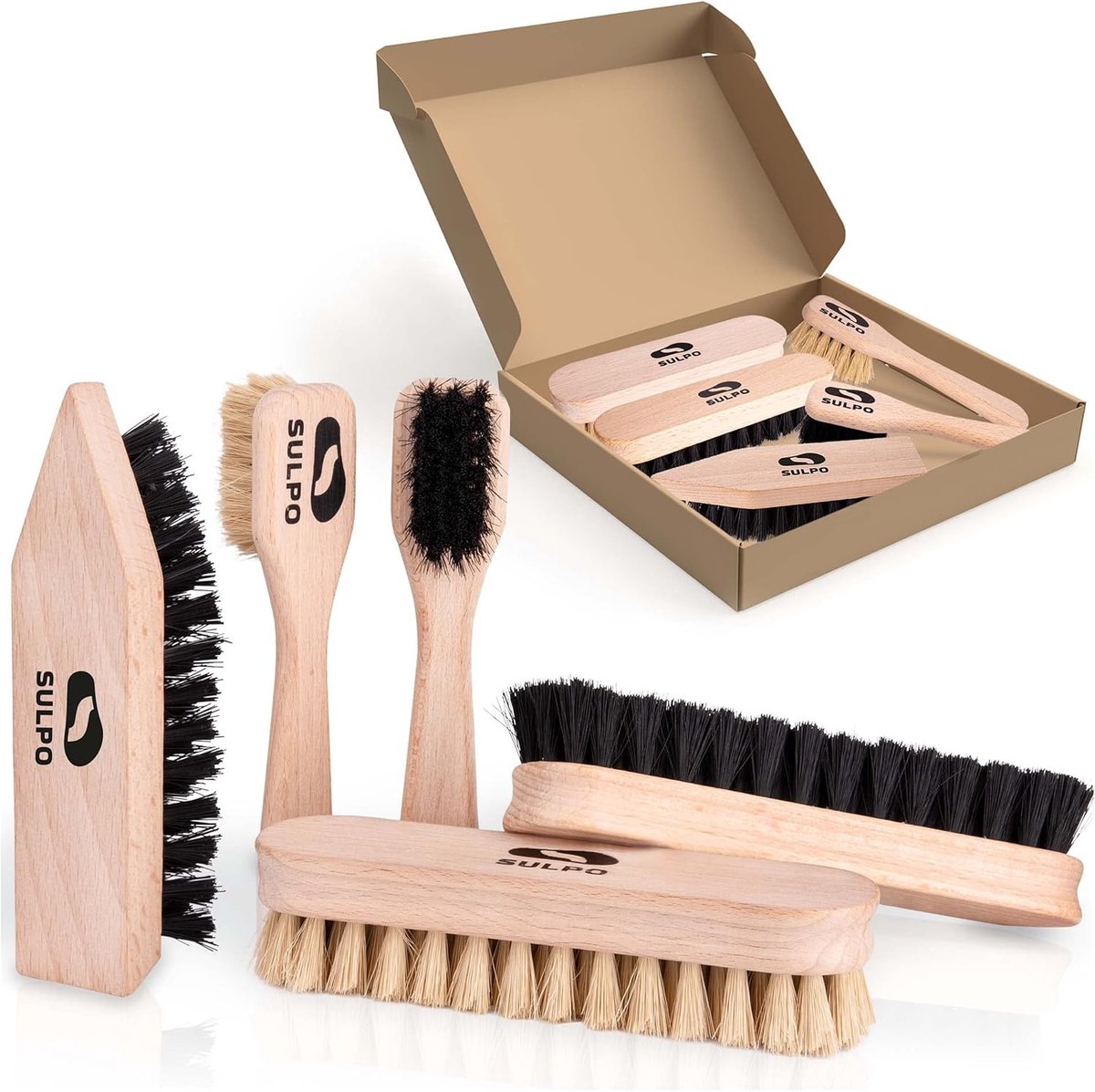 Schoenpoetsset - Houten Handvat - 2 Zachte Poetsborstels - 2 Polijstborstels - Voor Schoenen