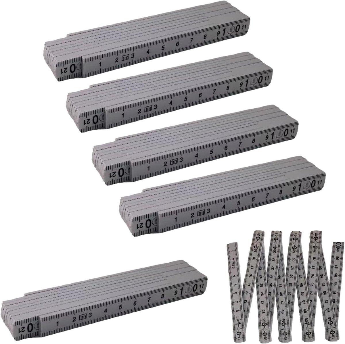 SnelShoppen - Set van 5 Vouwbare Meetlatten, Flexibele Meetlat, Plastic Meetgereedschap voor Houtbewerking, Tegels Leggen, Wit