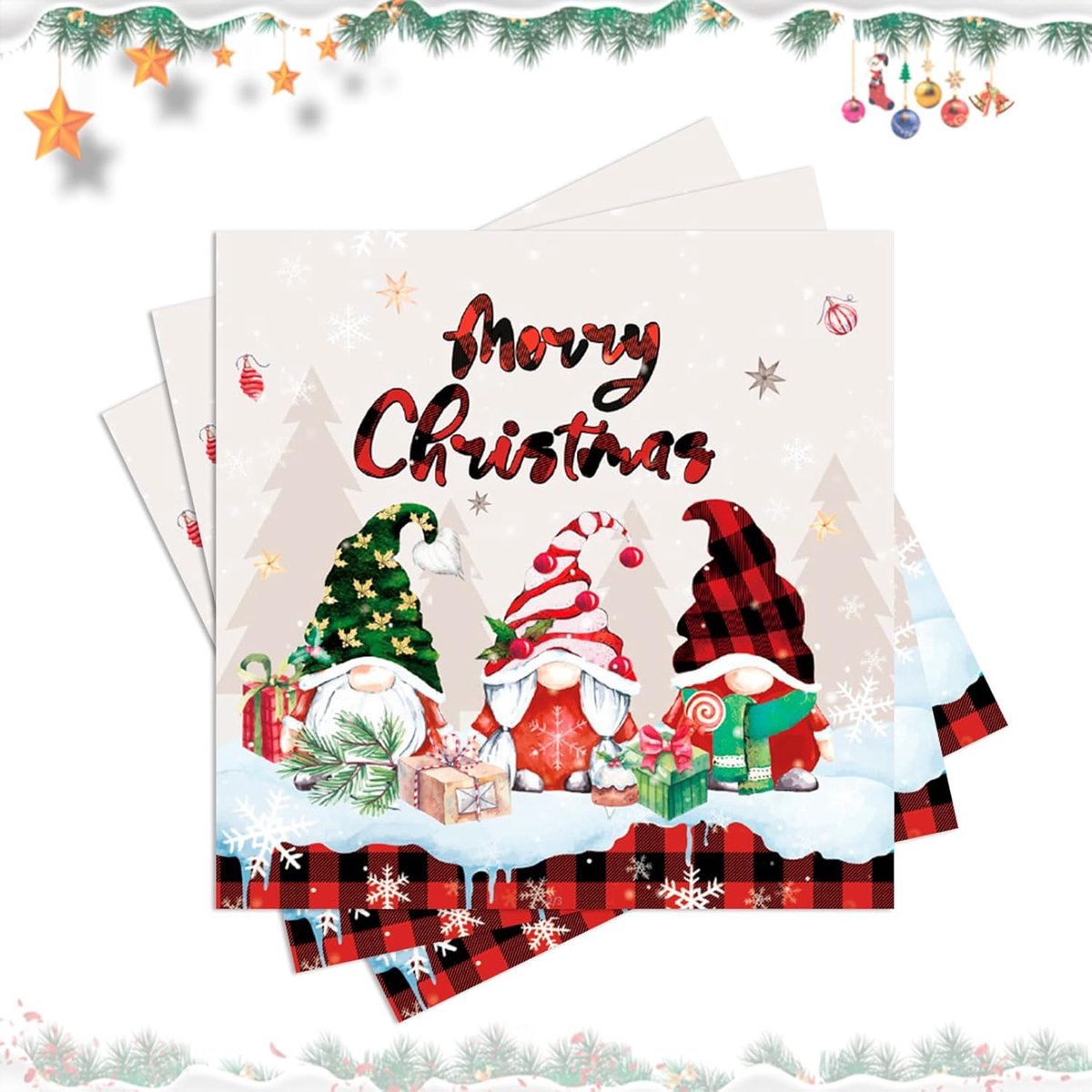 SnelShoppen - Pack van 40 Kerst Servetten Grappige Rode Vrolijk Kerst Servetten met Kabouter en Dennenboom Motief Tafeldecoratie Papieren Servetten vo