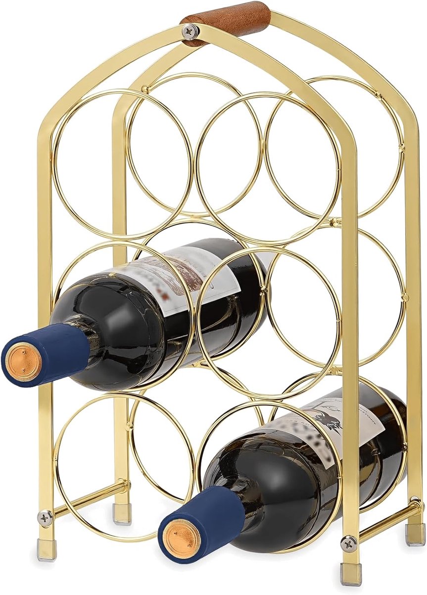 SnelShoppen - 6 Flessen Gouden Wijnrek Aanrecht | Moderne Luxe Metaal Wijnhouder met Houten Handvat | Draagbaar Wijnrek voor Thuisbar