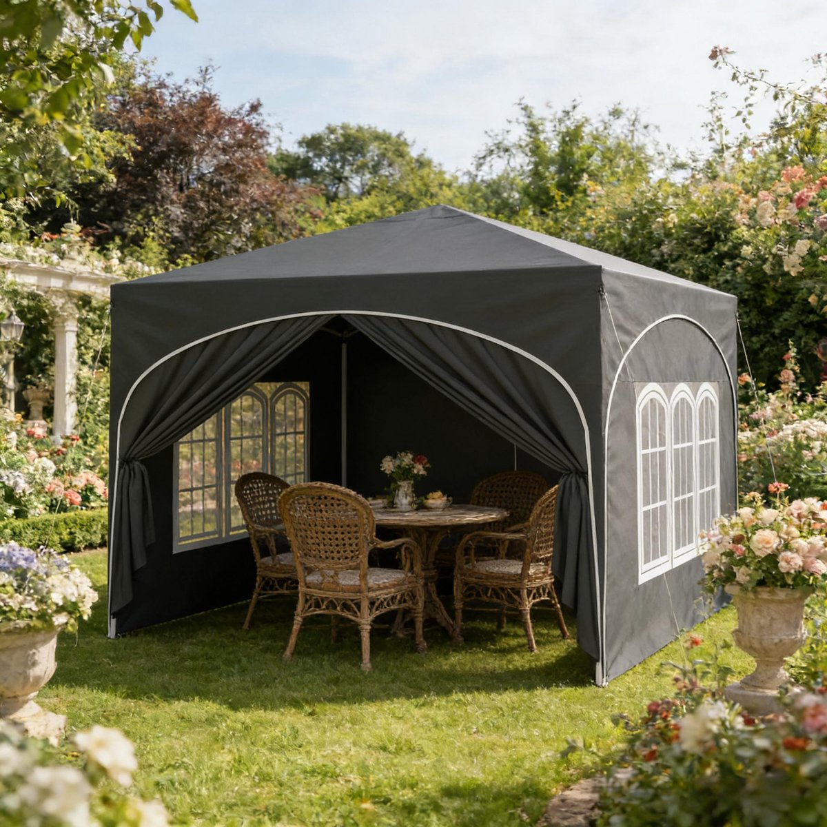 DESMIU Partytent – 3 x 3 m – In Hoogte Verstelbaar En Opvouwbaar – Oxford Stof En IJzer – Grijs – Voor Tuin En Feesten