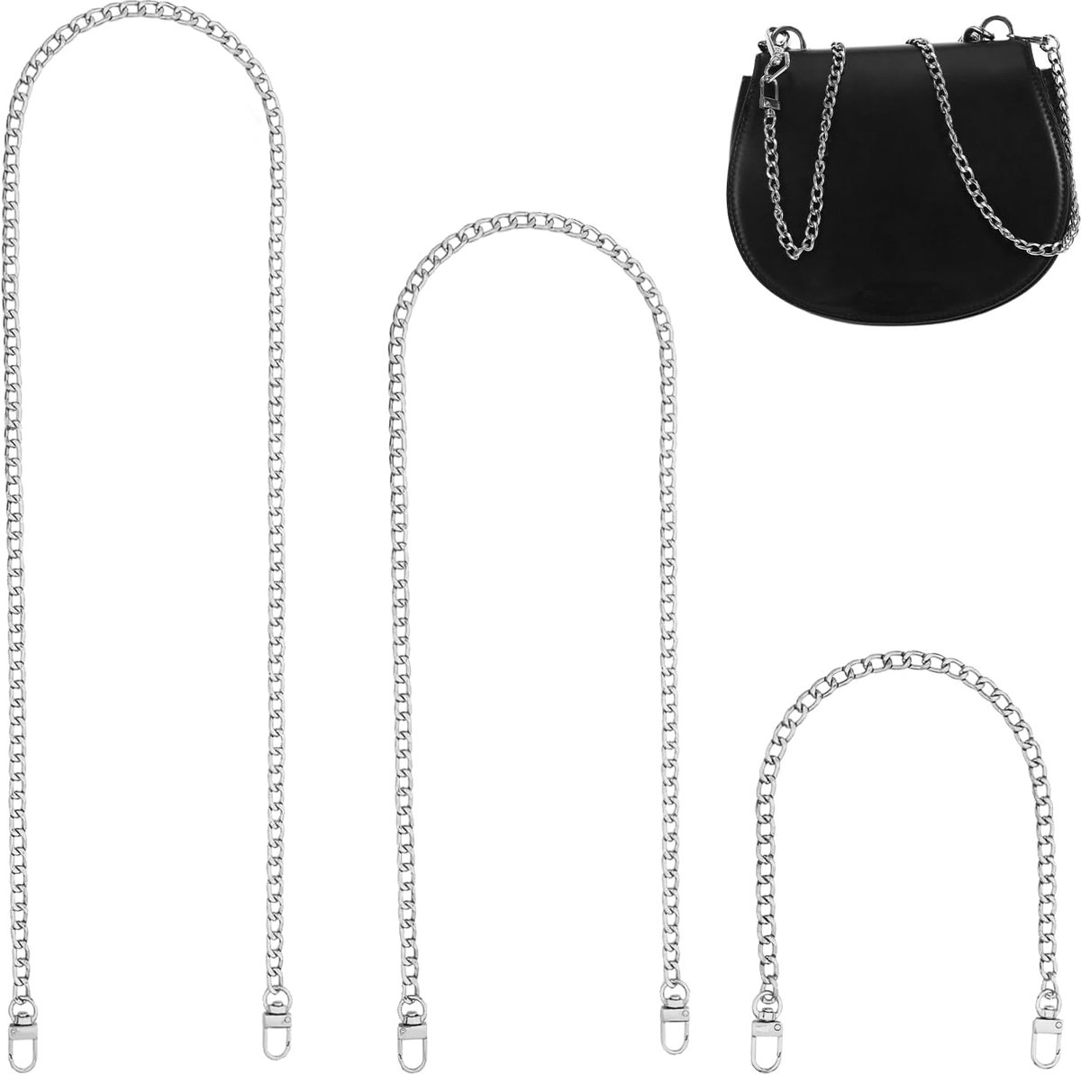 3 Black Shoulder Straps for Bags, 40cm/80cm/120cm, Silver Chain for Clutch Handbag, Replacement Metal Chain for Women - ShopVlot