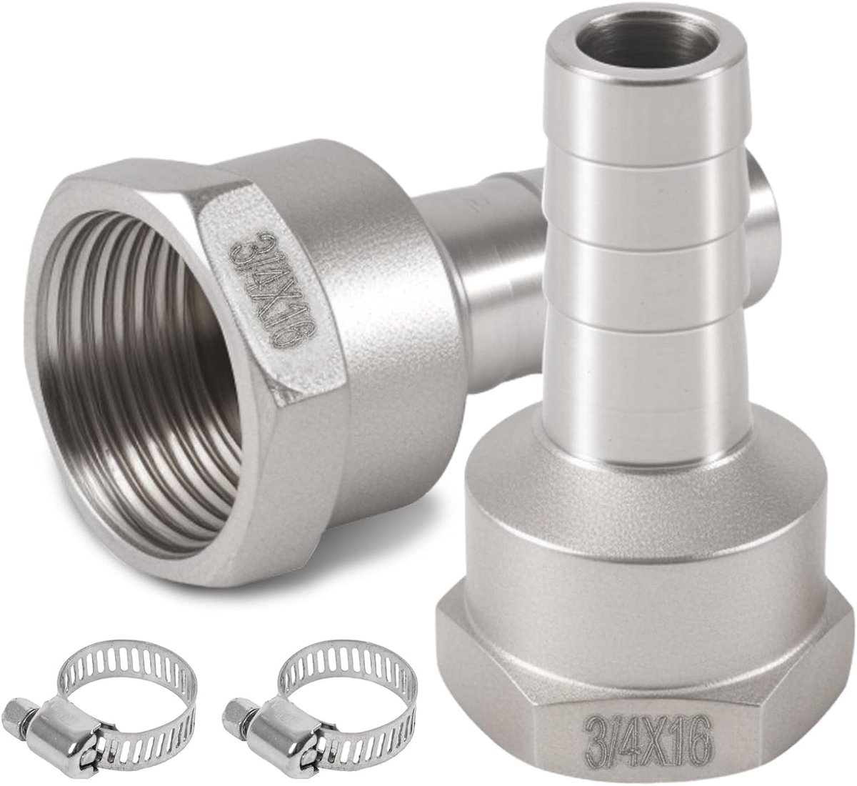 Set of 2 Stainless Steel Pipe Sockets, 16mm Barb G3/4", Female Thread, Hose Adapter, 16mm x 3/4", IG Hose Connector - ShopVlot