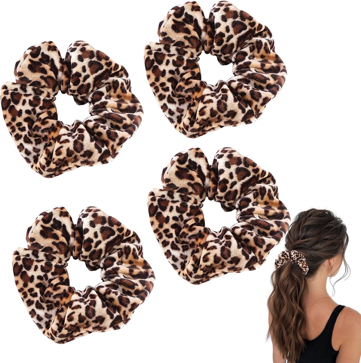 SnelShoppen - 4 Stuks Scrunchies Haarbanden Luipaardpatroon Dikke Elastische Fluwelen Haaraccessoires voor Vrouwen Lange Fijne Krullende Paardenstaart