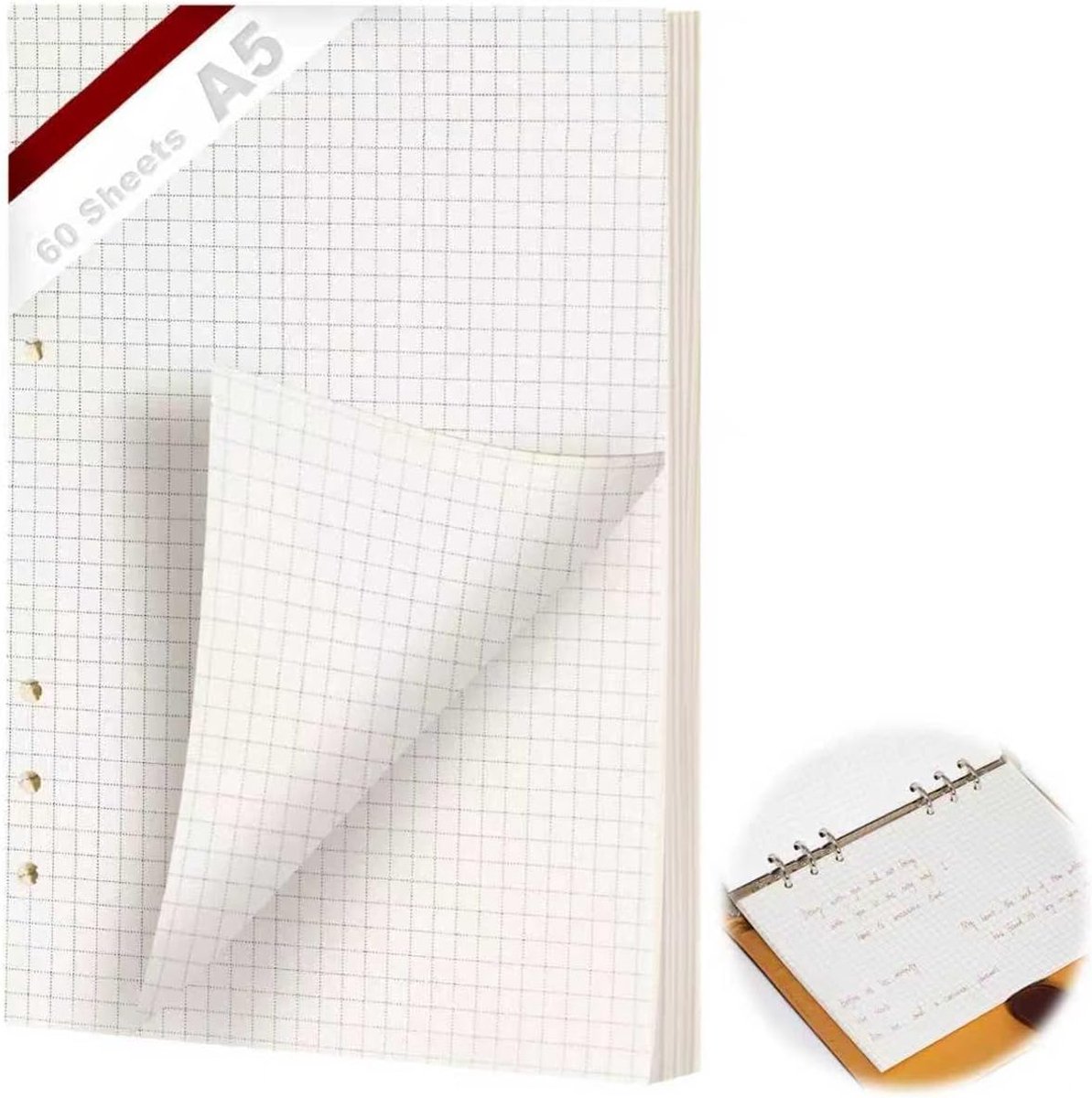 SnelShoppen - Refillable Ringband A5 60 Vellen Papier 6 Gaten Geruit Navulpapier voor Notebooks, Dagboeken, Schetsboeken, Creatief Gebruik