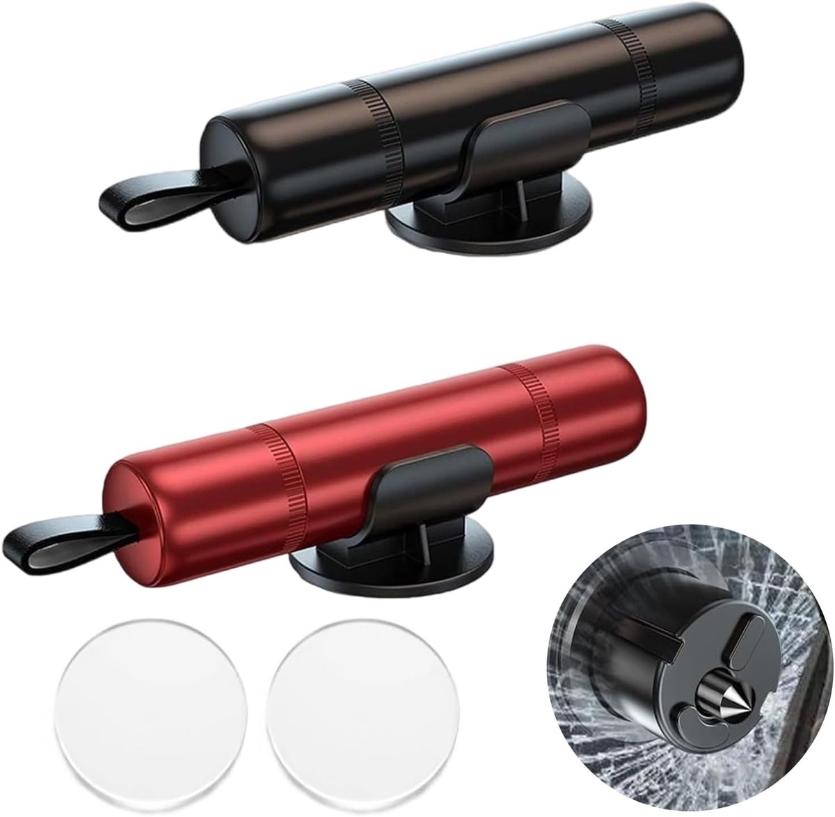 Set van 2 reddingshamers - Met gordelsnijder - 2-in-1 autoruitenbreker - Draagbare glasbreker - Noodgereedschap - Veiligheidshamer voor autoruiten - Veiligheidshamer voor auto's (zwart en rood)