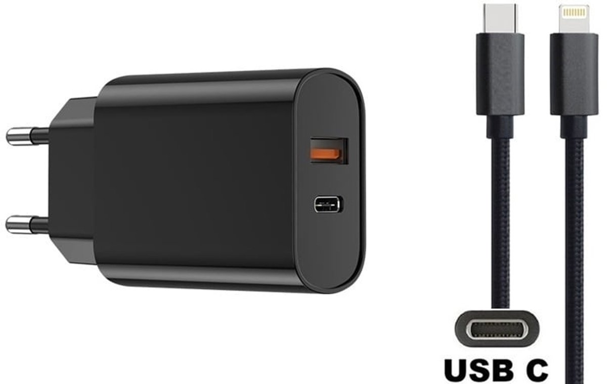 OneOne 20W snellader met 2 poorten en screenprotector van glas voor iPhone 14 Pro + 1,5m USB C naar Lightning kabel. PD lader. Universele oplader adapter. Glazen screenprotector past op Apple iPhone 14 Pro