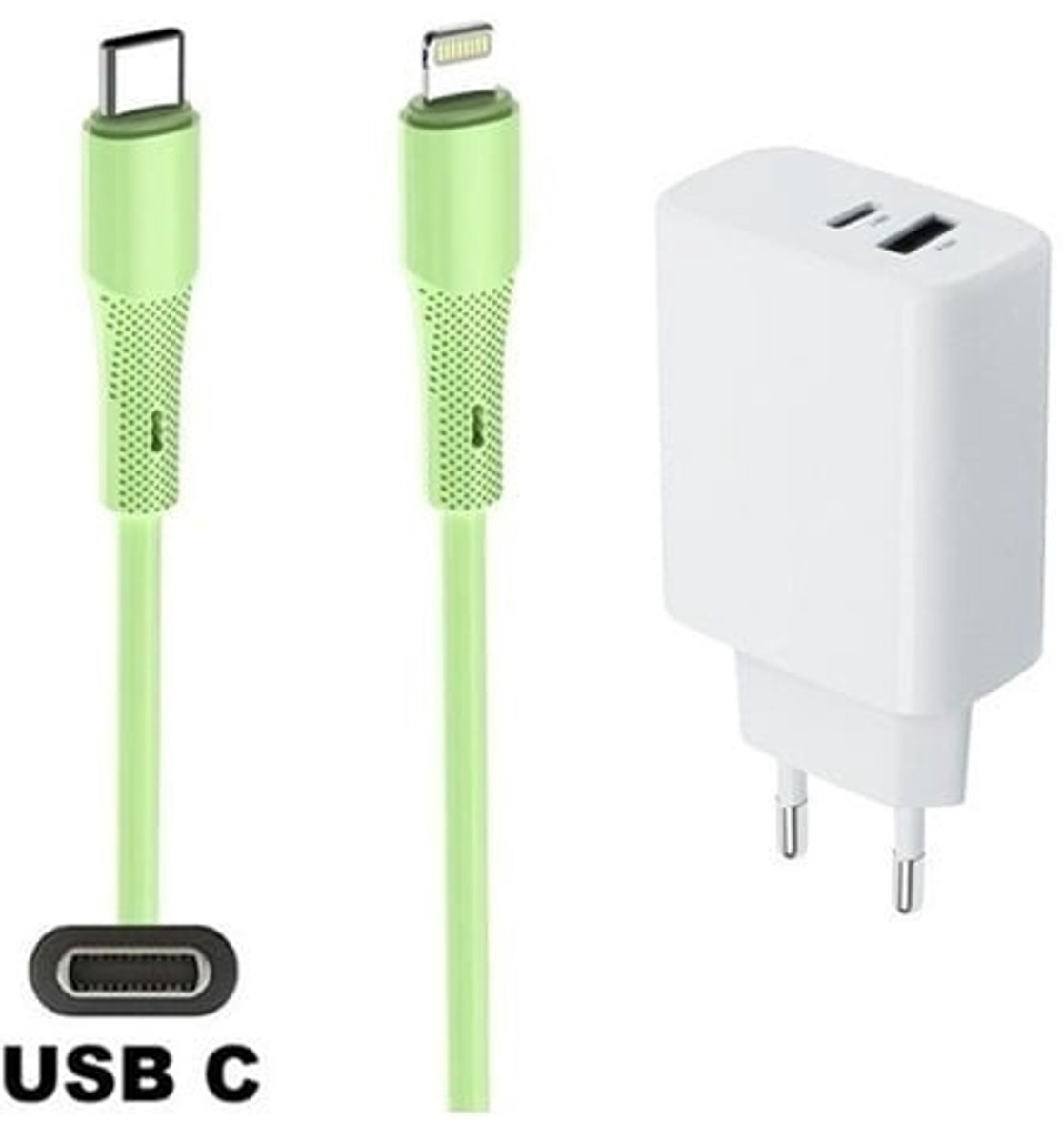 OneOne 20W snellader met 2 poorten en screenprotector van glas voor iPhone 12 Pro Max + 1,0m USB C naar Lightning kabel. PD lader. Universele oplader adapter. Glazen screenprotector past op Apple iPhone 12 Pro Max