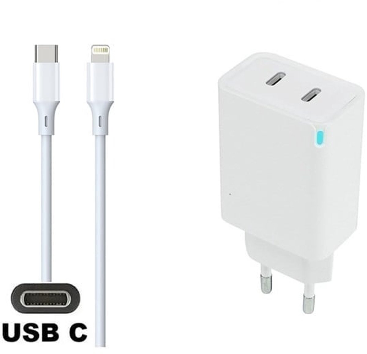 OneOne 45W super snellader met 2 poorten USB C - USB C en screenprotector van glas voor iPhone 12 Pro + 2,0m USB C naar Lightning kabel. Witte PD PPS lader. Universele oplader adapter. Glazen screenprotector past op Apple iPhone 12 Pro