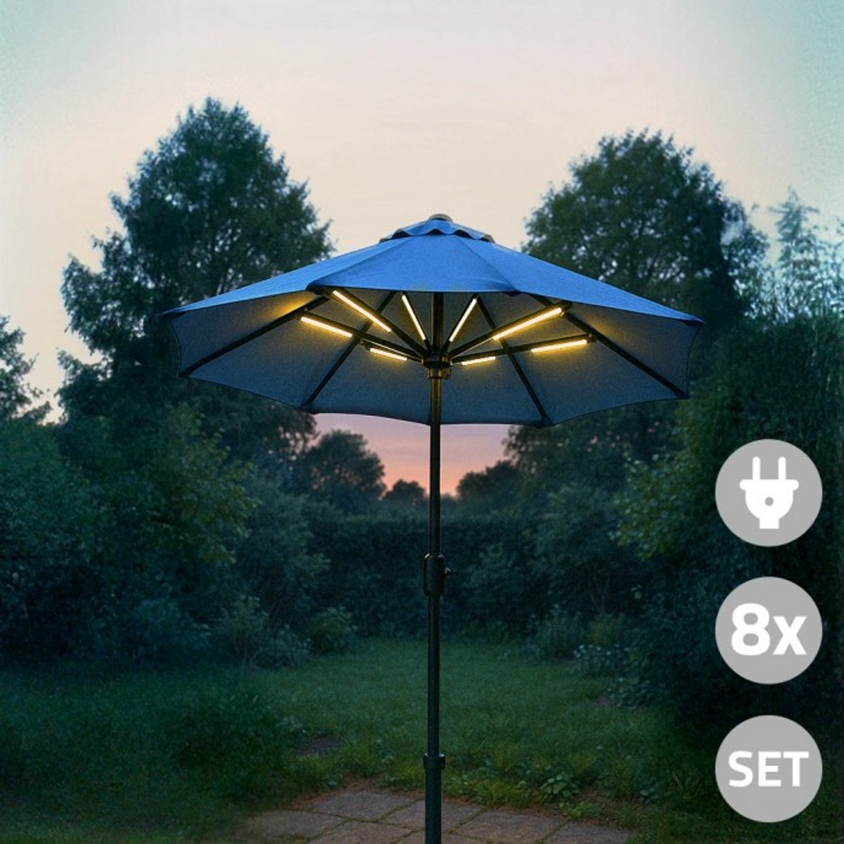 Parasolverlichting led strip set op stroom - 8 led strips - Parasol lamp - Warm wit licht