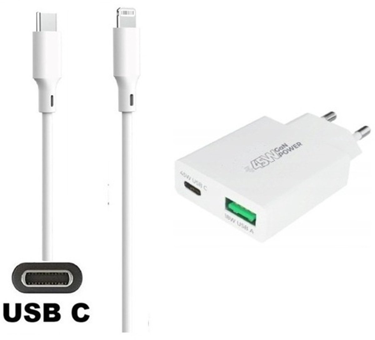45W super snellader met 2 poorten en screenprotector + 1,5m USB C naar Lightning kabel. Universele PD PPS lader. Compacte GaN oplader adapter. Glazen screenprotector past op Apple iPhone 13 Pro Max & iPhone 14 Plus