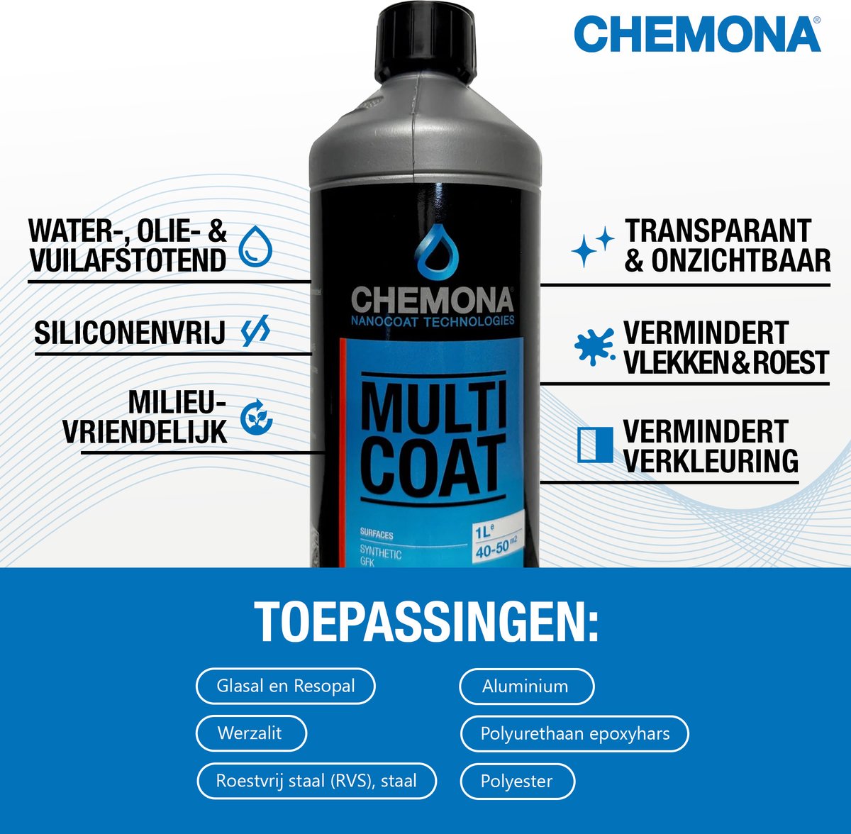 Chemona - Multi Coat - 10 liter - Nano Coating - Staal coating voor waterafstotend en geen roest - Anti vlekvorming - Resistent tegen zuren - Gladde niet poreuze ondergronden