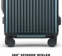 Zwarte 360 graden spinner wielen aan de onderkant van een donkergroene DAKOZO koffer.