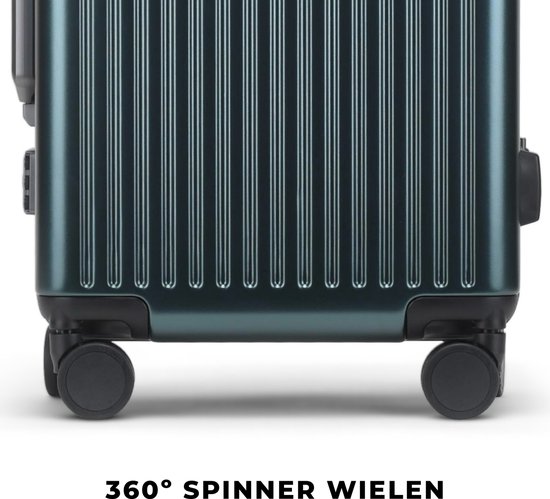 Zwarte 360 graden spinner wielen aan de onderkant van een donkergroene DAKOZO koffer.