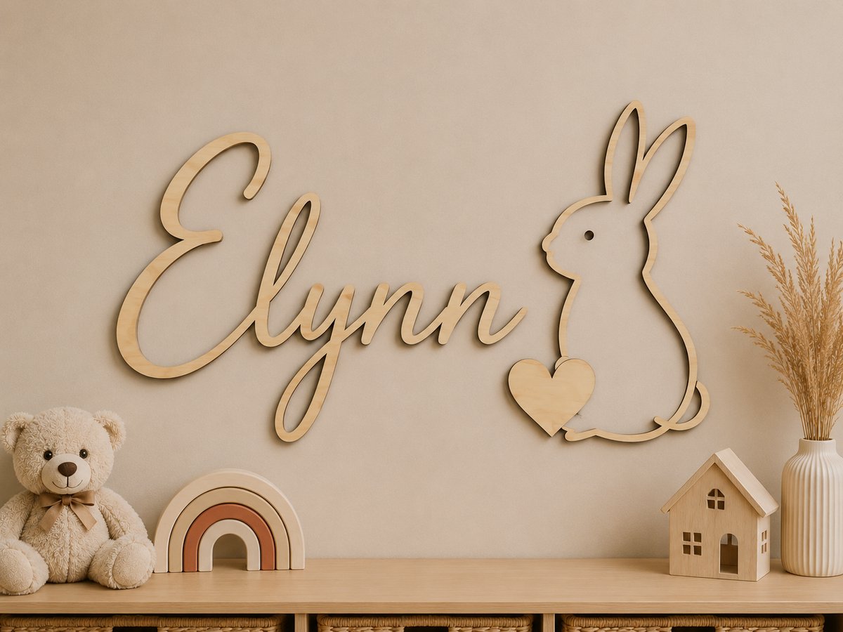 Gepersonaliseerde Houten Naamdecoratie met Konijn – 50 x 25 cm – Wanddecoratie Babykamer & Kinderkamer – 5 mm Hout – Uniek Kraamcadeau