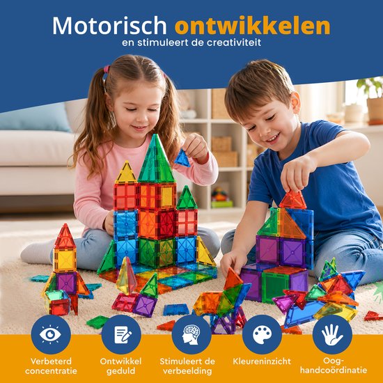 Kinderen bouwen hoge structuren van transparante, gekleurde magnetische tegels. Iconen tonen verbeterde concentratie, fijne motoriek, creativiteit, kleurherkenning en oog-handcoördinatie.