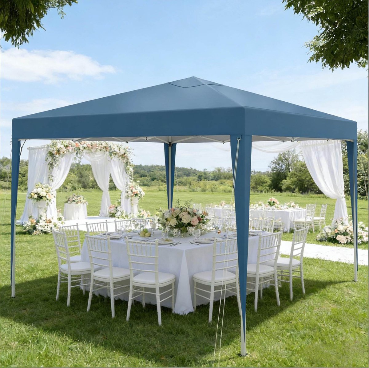 Partytent Paviljoen 300 x 300 cm Opvouwbaar Hoogte Verstelbaar IJzer Oxford Stof Blauw Buiten