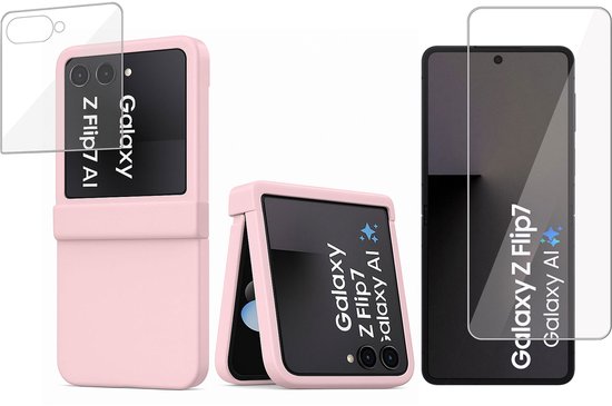 Coque rose et protection d'écran pour le Galaxy Z Flip 7, montrant le téléphone fermé et ouvert.
