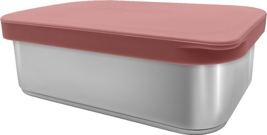 Boîte à lunch en acier inoxydable avec un couvercle rose pâle, sur fond blanc.
