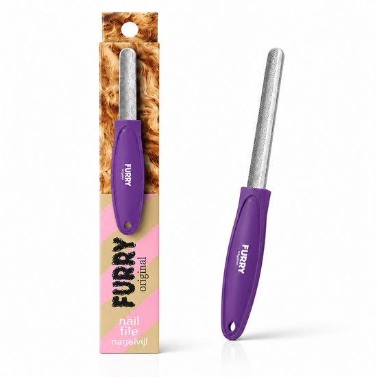 Paarse Furry Original nagelvijl voor huisdieren, met verpakking waarop 'nail file nagelvijl' staat.