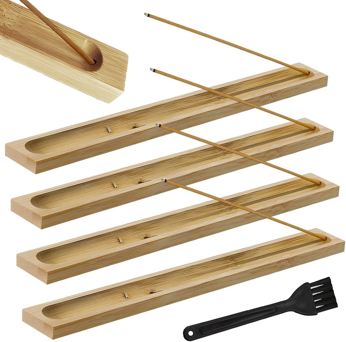 Praktische Houten Wierookhouder Set van 4, Inclusief Reinigingsborstel, Geschikt voor Yoga, Meditatie en Aromatherapie, Perfect voor Thuis en Kantoor Decoratie