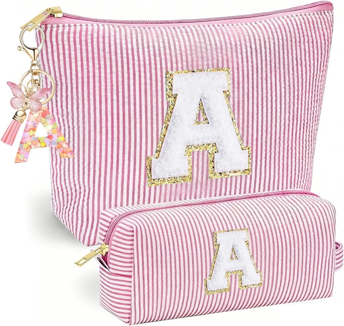 Gepersonaliseerde Make-up Tas voor Meisjes met Vlinder Kwastje en Sleutelhanger, Roze Cosmetica Organizer met Initialen