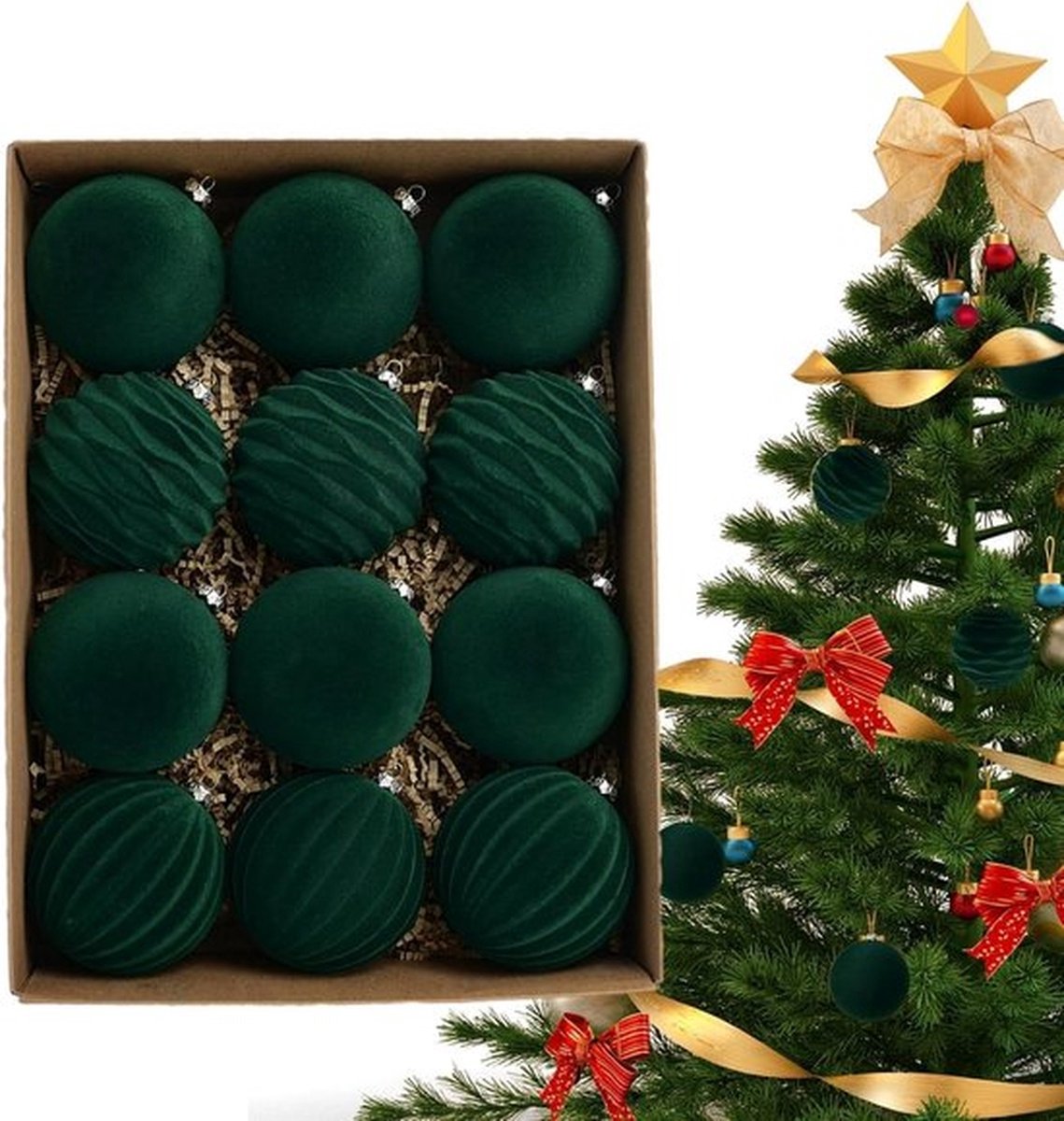 12 Kerstballen, fluwelen kerstversieringen, boomversieringen, hangende ornamenten, onbreekbare kerstballen, feestelijke woondecoratie
