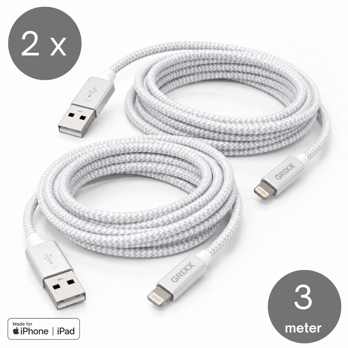 Lightning naar USB-A kabel 2-pack - Grixx - MFi - 3 meter - Wit - 2 stuks