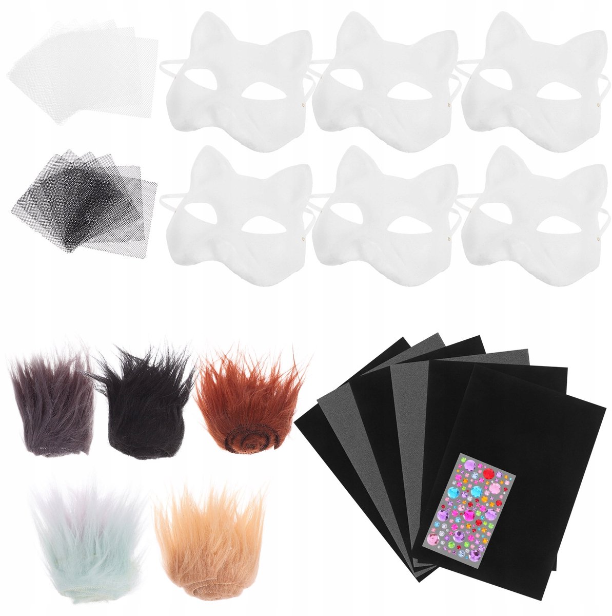 6-delige DIY Kattenmaskerset – Wit Papieren Masker, Knutselpakket met Vilten Stof, Lint & Stickers – Voor Carnaval, Verkleedfeest, Cosplay & Creatieve Kinderactiviteiten