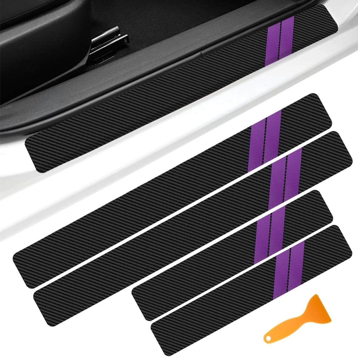 Set van 4 Universele Carbon Fiber Dorpel Beschermstrips voor Auto, Antislip Bescherming voor Voor- en Achterdeuren (Paars)
