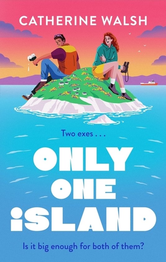 Boekcover van 'Only One Island' van Catherine Walsh. Twee exen zitten op een eilandje met huisjes, boven de zee. Titel: Only One Island.