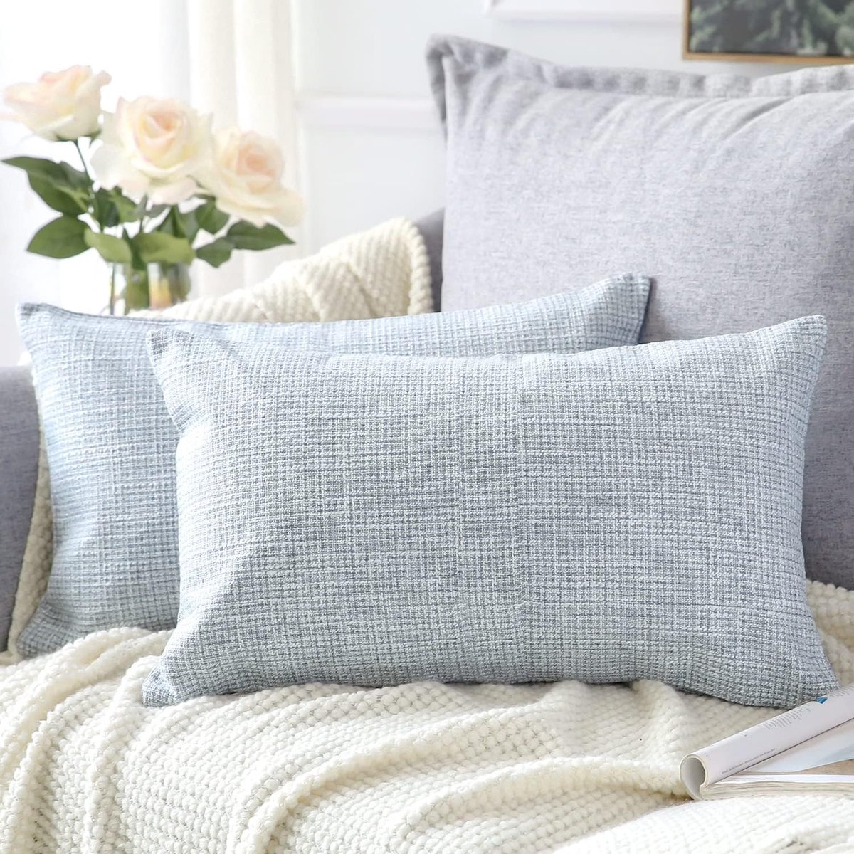 Decoratieve Kussenhoezen Set van 2 in Linnen voor Woondecoratie, Sofa, Slaapkamer en Auto - 30 x 50 cm (Blauw Grijs)