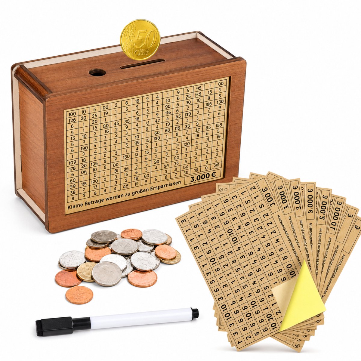 Knaak Houten Spaarpot - Spaardoelen Spaarbox - Geld Sparen Uitdaging - Herbruikbare Spaarpot Voor Kinderen & Volwassenen - Houten Geldkist - tot €5000