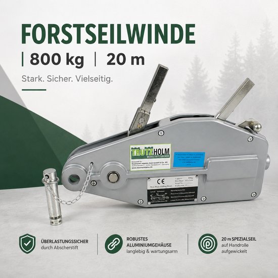 Zilverkleurige kabeltakel, 800 kg, 20 m kabel met rode hijshaak, pen en bedieningshendel.