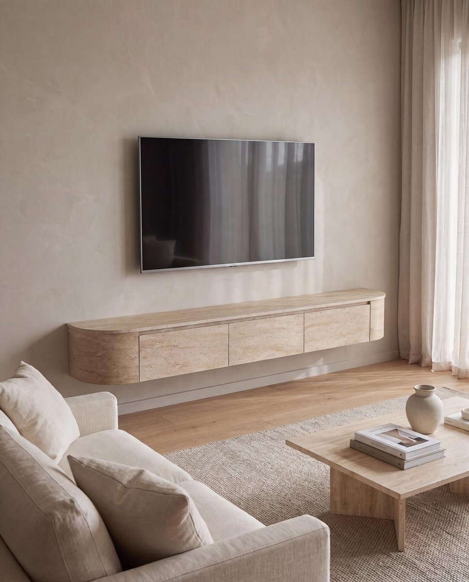 Japandi Tv Meubel Curved - Travertin - 240x33x33 cm - Gebogen zijkant - Volledig Gemonteerd - Zwevend TV Meubel 240cm – Wandgemonteerd TV Kast met Deuren en Lade – Floating TV Cabinet – Curved Design – Modern Scandinavisch TV Meubel
