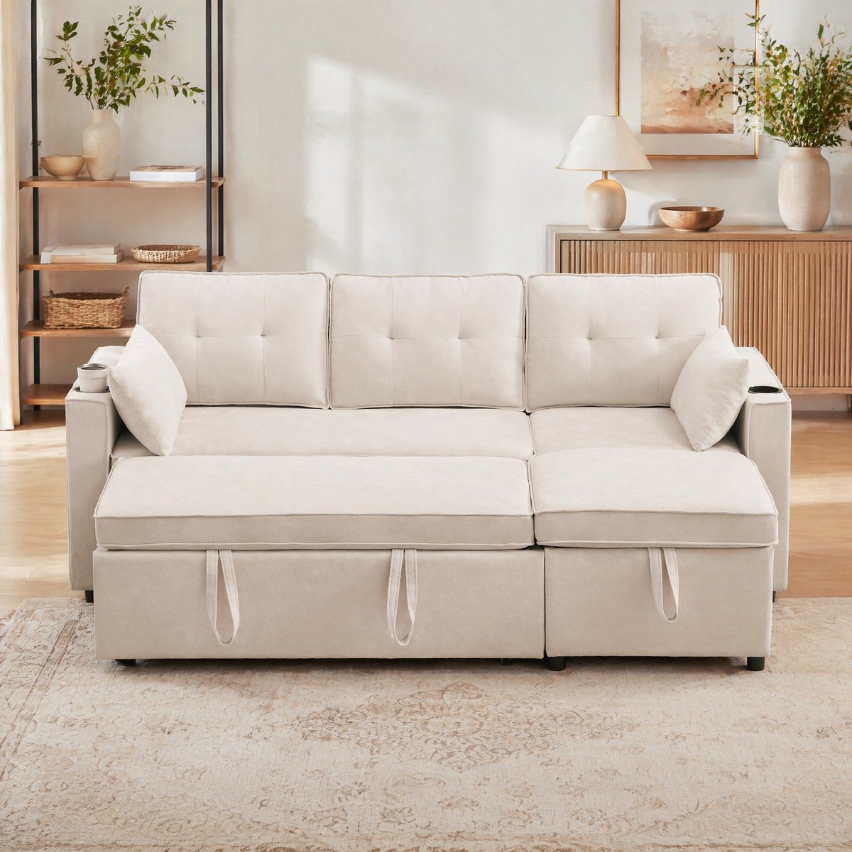 MODENUIT Slaapbank 211 x 130 cm - Met Opbergruimte en Bekerhouders - Voor Woonkamer - Linnen Beige