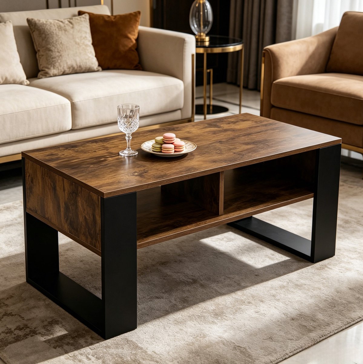REDOM - Salontafel - Open opbergvakken - Rechthoekig - Antislip voetpads - Modern - Woonkamer - Hout met melaminefineer - Zwart en rustiek bruin - 90 x 45 x 45,5 cm