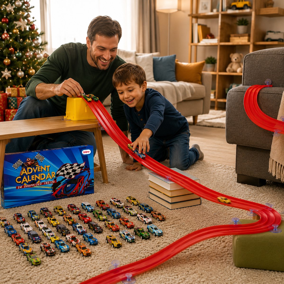 Jojoy - Racebaan Autobaan Speelgoed met 24 Auto's Adventskalender - 4 Meter Tweebaans Racebaan - Raceauto Speelgoed - Kerstkalender Kinderen - TURBOREDCALENDAR