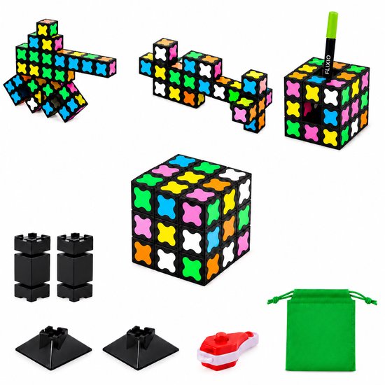 Magnetische blokjes in diverse kleuren, tentoongesteld als diverse constructies, inclusief een pen en groene opbergzak.