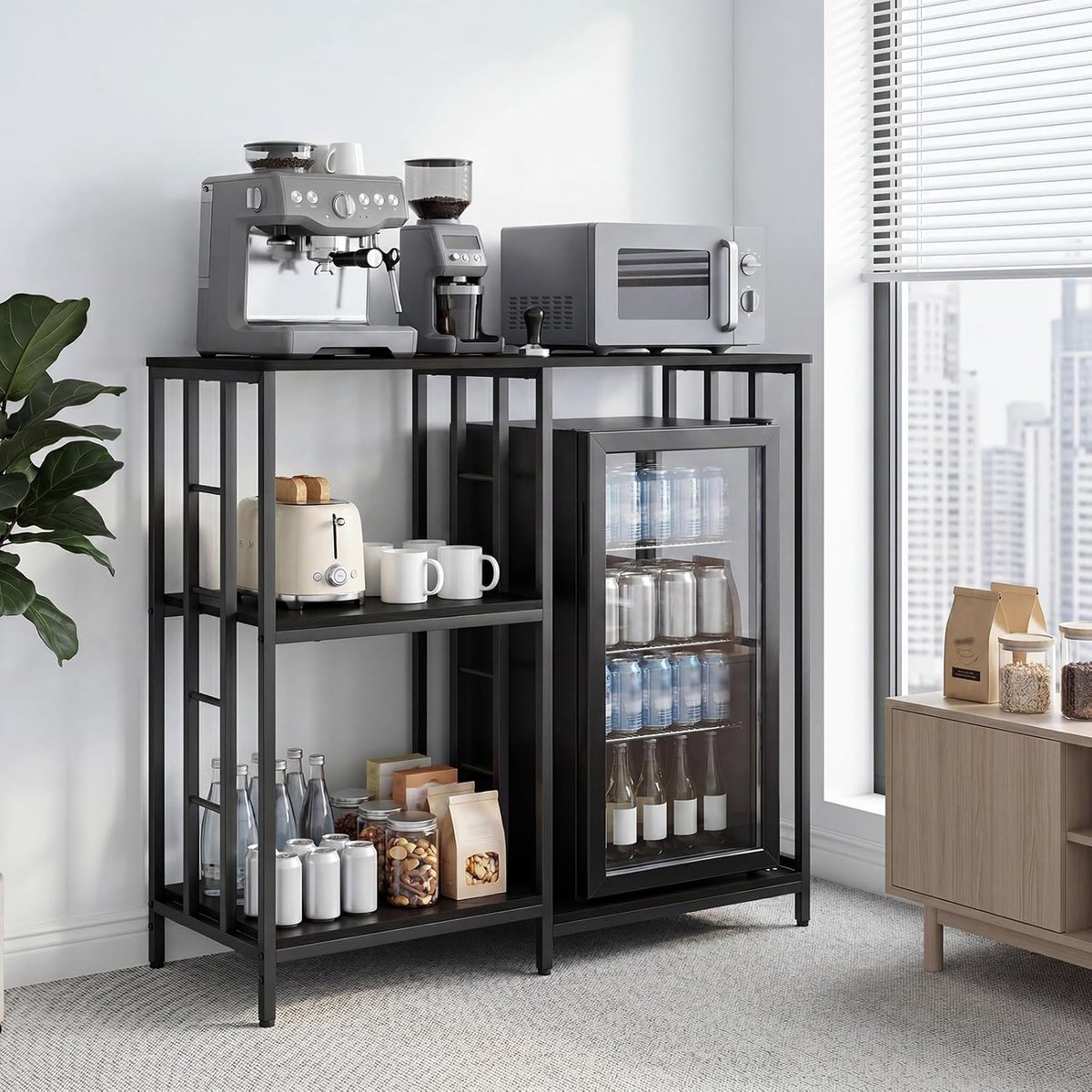 Bakkersrek met plank voor minikoelkast – Koffiebar met 3 niveaus – Magnetronstandaard – Keukenplanken met open opbergontwerp – 95 x 40 x 103 cm