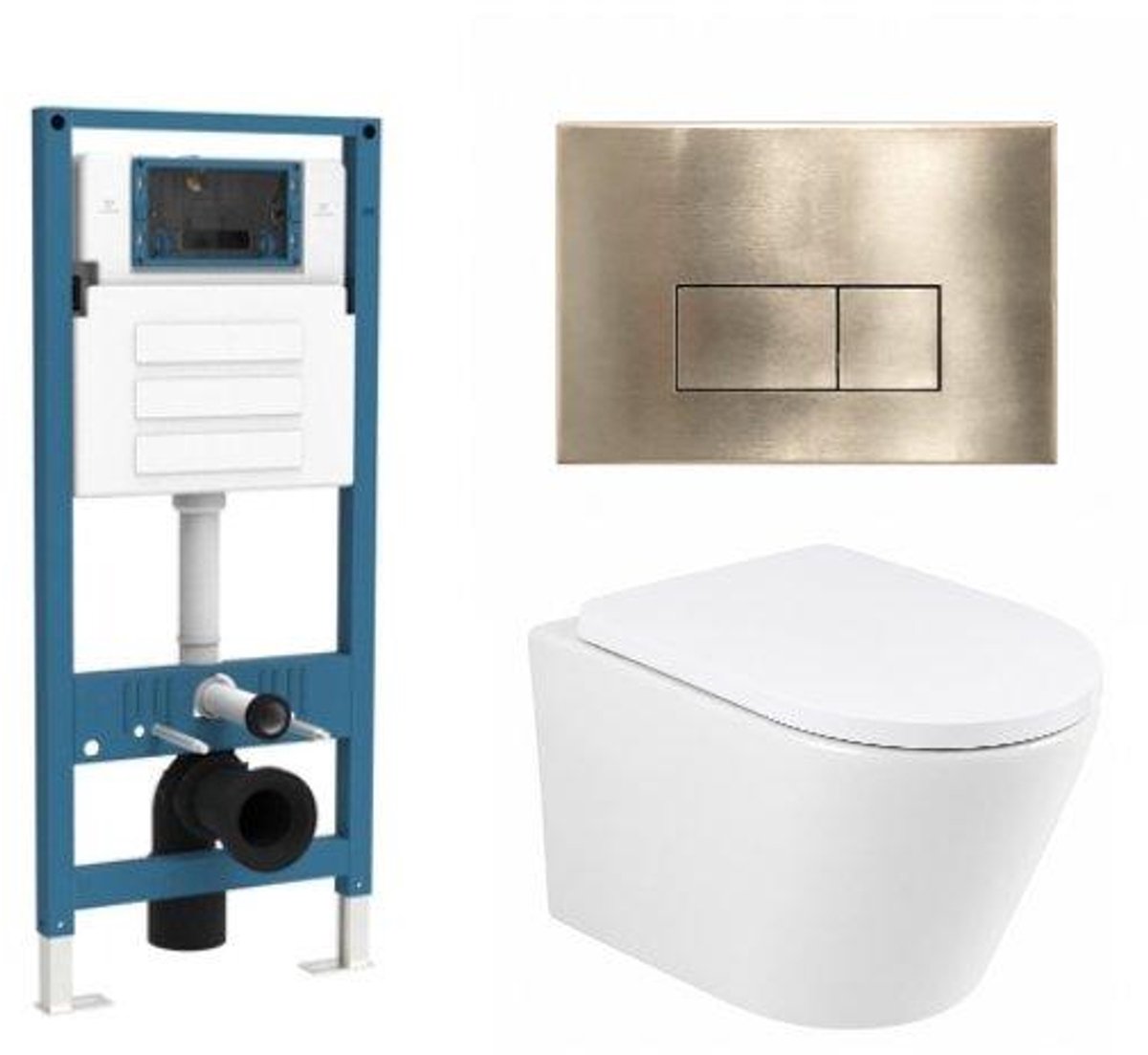 QeramiQ Dely Toiletset - inbouwreservoir Qeramiq Flush - 35mm zitting - metaal messing geborstelde bedieningsplaat - rechthoekige knoppen - glans wit