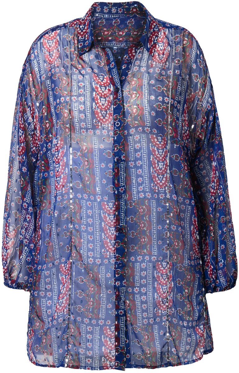 Studio Untold - Dames - Chiffon blouse loose shape patchprint lange ballonmouwen - Navy - Maat 42+