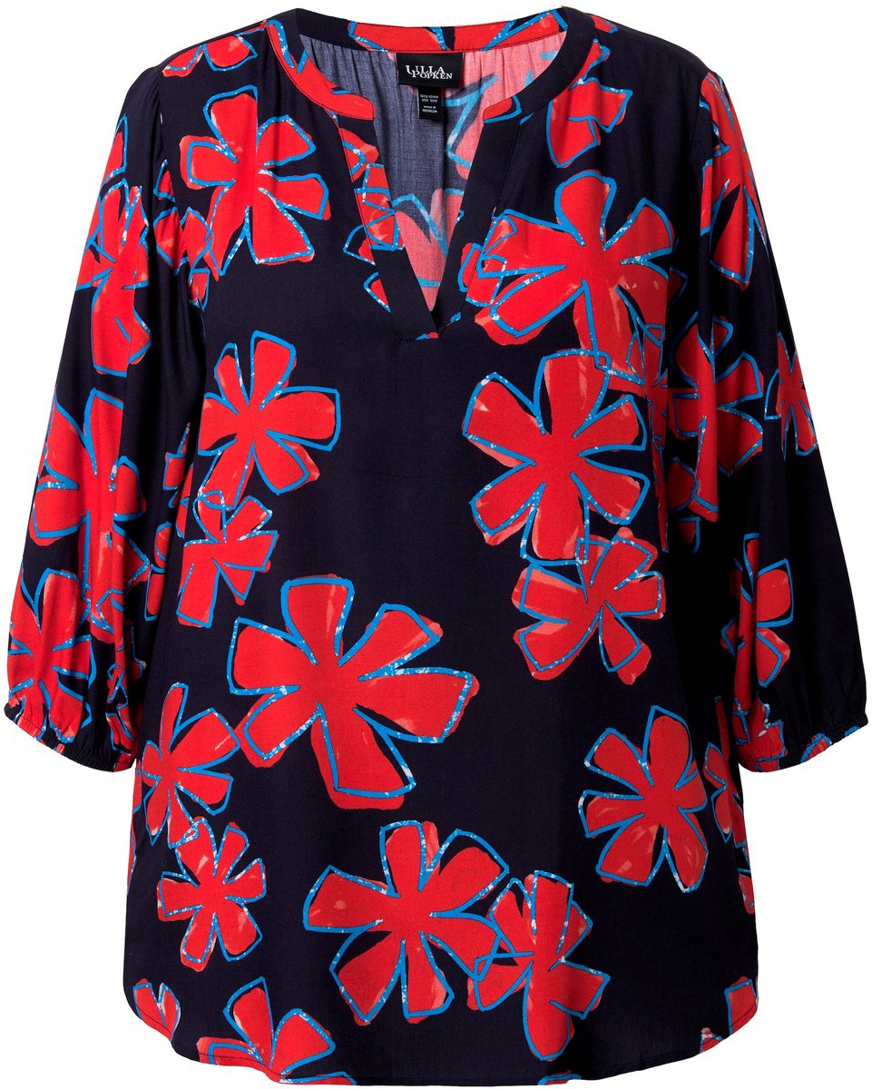 Ulla Popken - Dames - Tuniek bloemen A-lijn ronde hals 3/4-ballonmouwen - Marine - Maat 42+