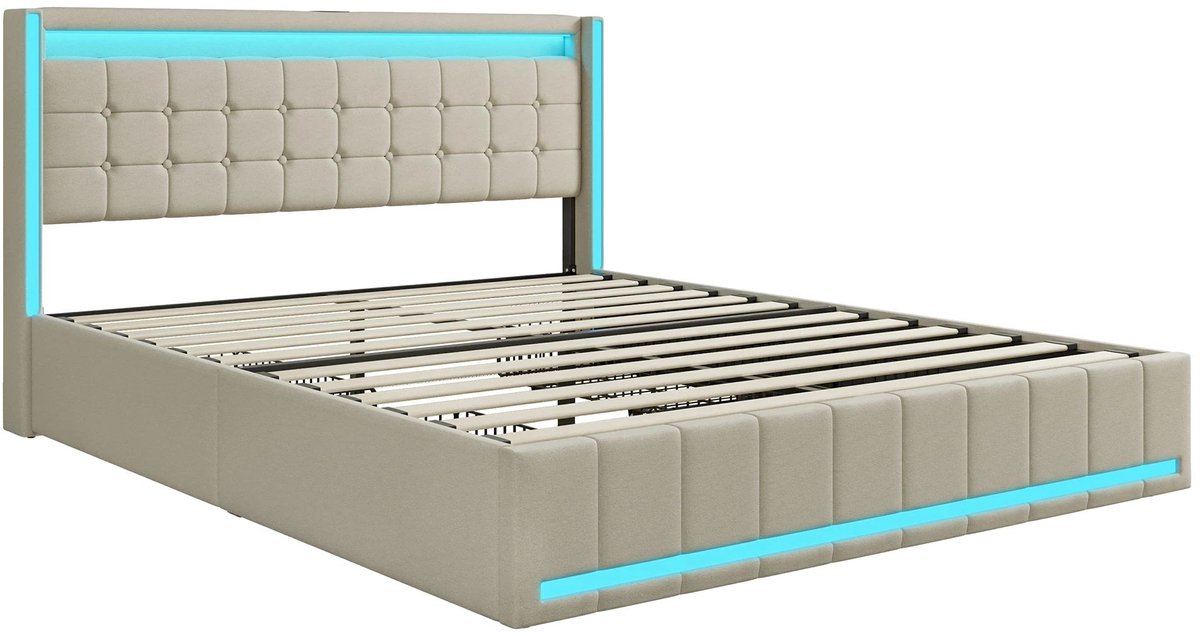 Happiq Gestoffeerd Tweepersoonsbed 160 x 200 Cm Beige - met LED - Linnen Bekleding - Poorten, 4 Lades en Hoofdbord met