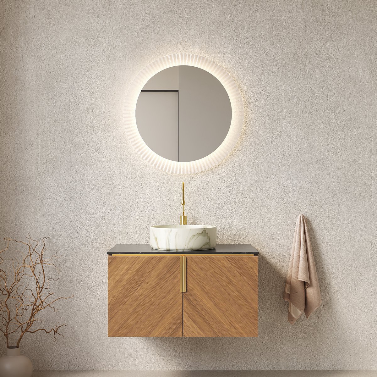 REDOM- Badkamermeubel met wastafel - Wandmontage - Dubbele deuren met soft-close - Sintersteen werkblad - Keramische wastafel - Moderne stijl - Badkamer - Multiplex, Keramiek - Zwart, Bruin, Wit - 76 x 50 x 53,1 cm