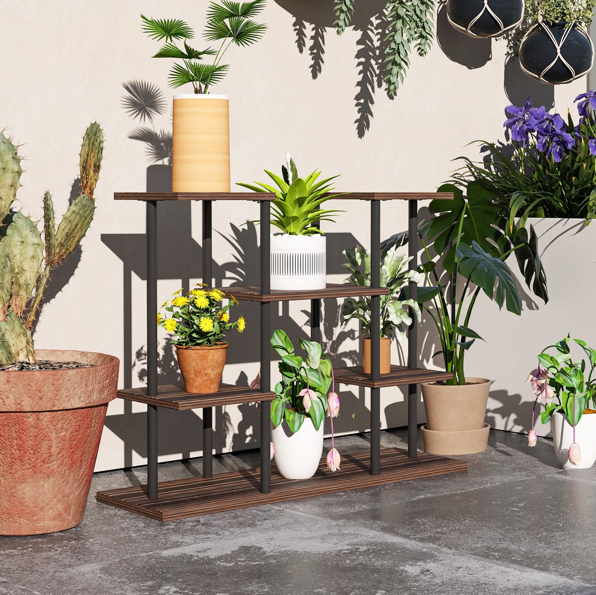 COVREO Plantenrek 80 x 24 x 61,5 cm, Charcoal, staal en hout, 4 lagen