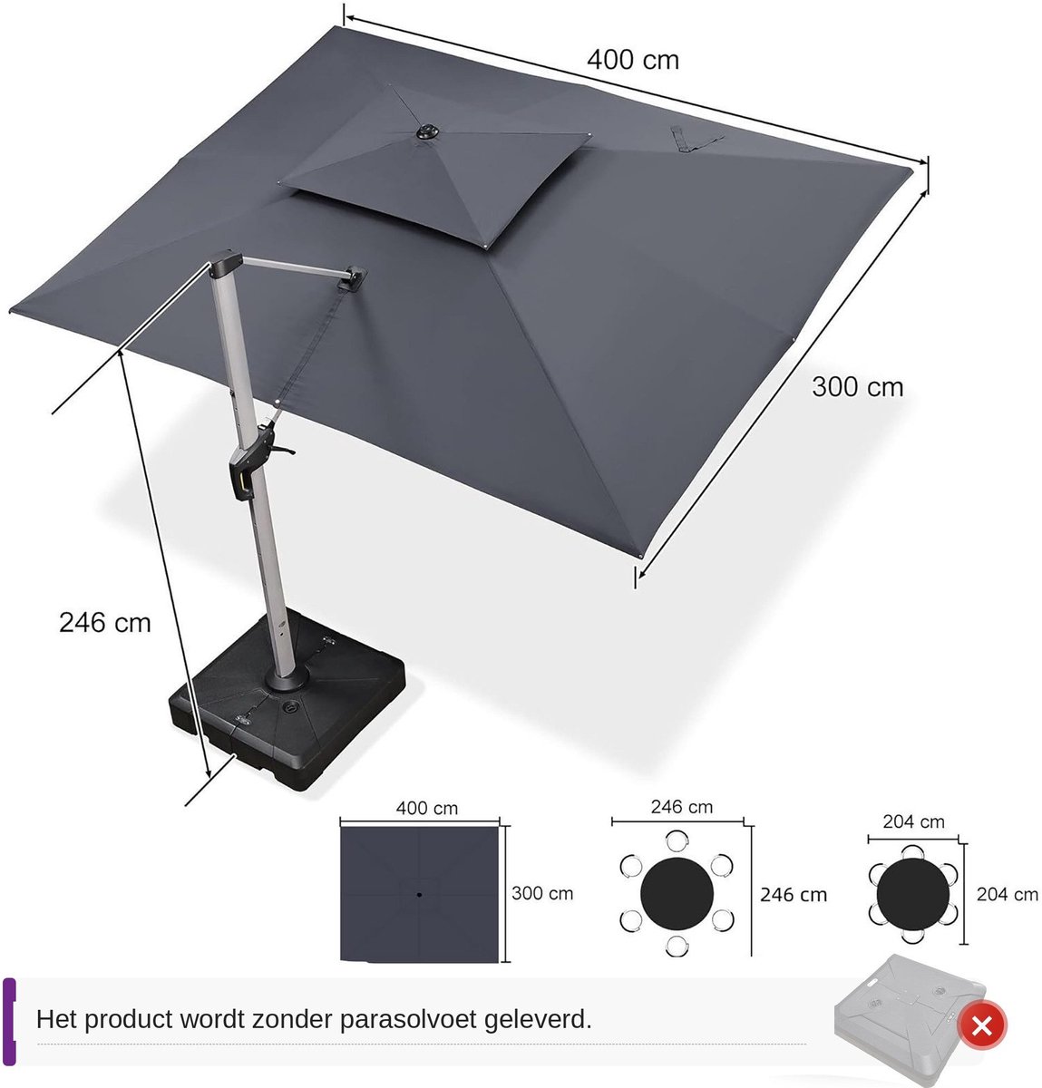 Purple Leaf Zweefparasol met dubbel dak 400x300 cm - Grijs